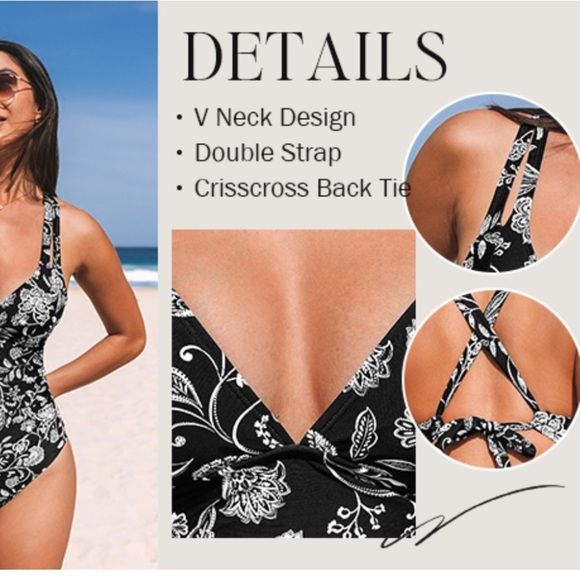 CUPSHE VNeck Double Straps Cross Back Tie One Piece Swimsuit Black White Floral - Picture 5 of 13